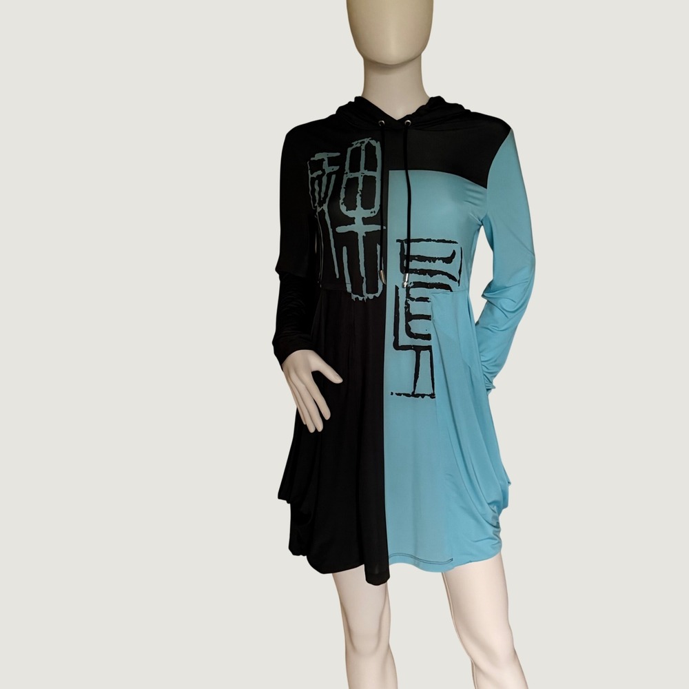 Jamie Sadock Sunsense Womens Hooded Tunic Dress Black Blue Graphic Print Size M